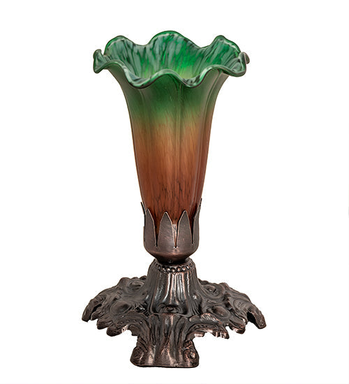 Meyda Lighting Tiffany Pond Lily 7" Mahogany Bronze Victorian Mini Table Lamp With Amber and Green Shade Glass
