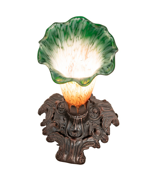 Meyda Lighting Tiffany Pond Lily 7" Mahogany Bronze Victorian Mini Table Lamp With Amber and Green Shade Glass