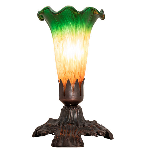 Meyda Lighting Tiffany Pond Lily 7" Mahogany Bronze Victorian Mini Table Lamp With Amber and Green Shade Glass