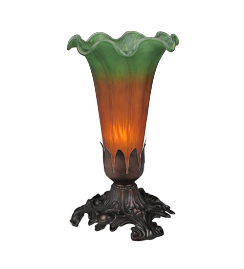 Meyda Lighting Tiffany Pond Lily 7" Mahogany Bronze Victorian Mini Table Lamp With Amber and Green Shade Glass
