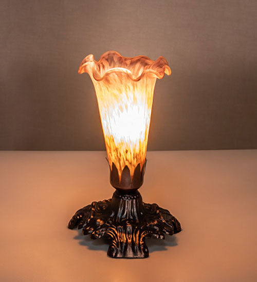 Meyda Lighting Tiffany Pond Lily 7" Mahogany Bronze Victorian Mini Table Lamp With Amber and Purple Shade Glass