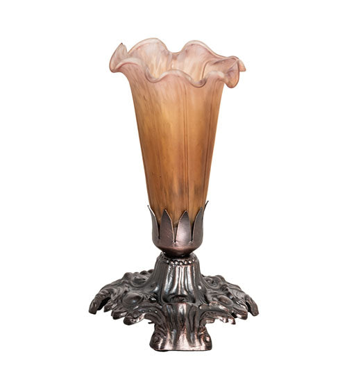 Meyda Lighting Tiffany Pond Lily 7" Mahogany Bronze Victorian Mini Table Lamp With Amber and Purple Shade Glass