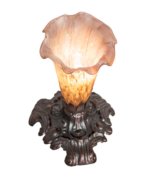 Meyda Lighting Tiffany Pond Lily 7" Mahogany Bronze Victorian Mini Table Lamp With Amber and Purple Shade Glass