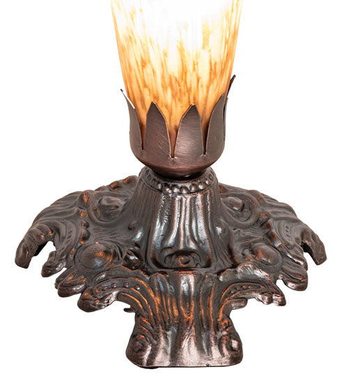 Meyda Lighting Tiffany Pond Lily 7" Mahogany Bronze Victorian Mini Table Lamp With Amber and Purple Shade Glass