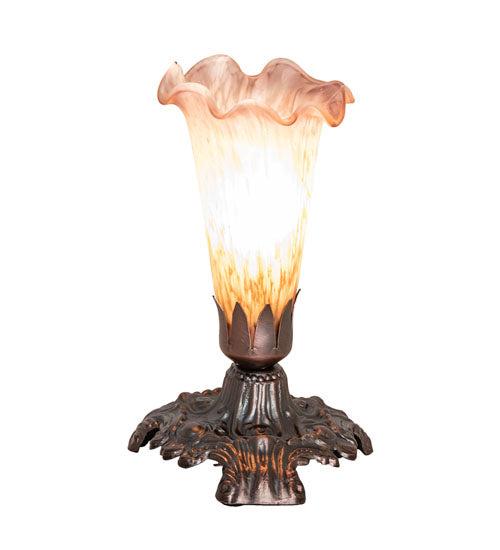 Meyda Lighting Tiffany Pond Lily 7" Mahogany Bronze Victorian Mini Table Lamp With Amber and Purple Shade Glass