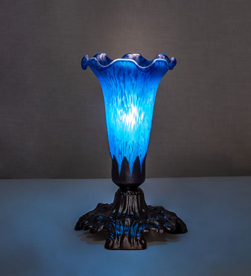 Meyda Lighting Tiffany Pond Lily 7" Mahogany Bronze Victorian Mini Table Lamp With Blue Shade Glass