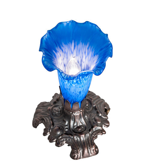 Meyda Lighting Tiffany Pond Lily 7" Mahogany Bronze Victorian Mini Table Lamp With Blue Shade Glass