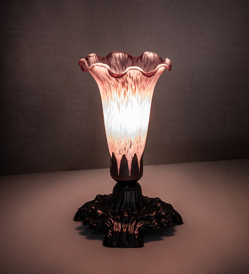 Meyda Lighting Tiffany Pond Lily 7" Mahogany Bronze Victorian Mini Table Lamp With Lavender Shade Glass