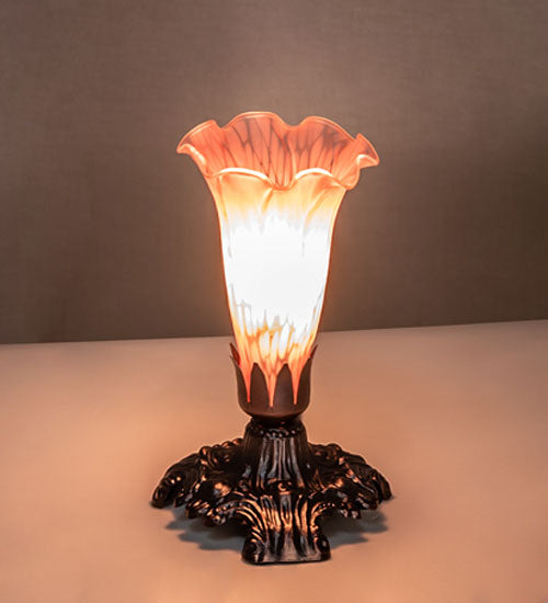 Meyda Lighting Tiffany Pond Lily 7" Mahogany Bronze Victorian Mini Table Lamp With Pink Shade Glass