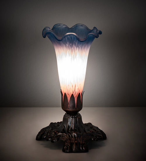 Meyda Lighting Tiffany Pond Lily 7" Mahogany Bronze Victorian Mini Table Lamp With Pink and Blue Shade Glass