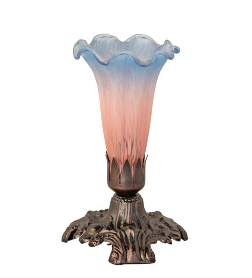Meyda Lighting Tiffany Pond Lily 7" Mahogany Bronze Victorian Mini Table Lamp With Pink and Blue Shade Glass
