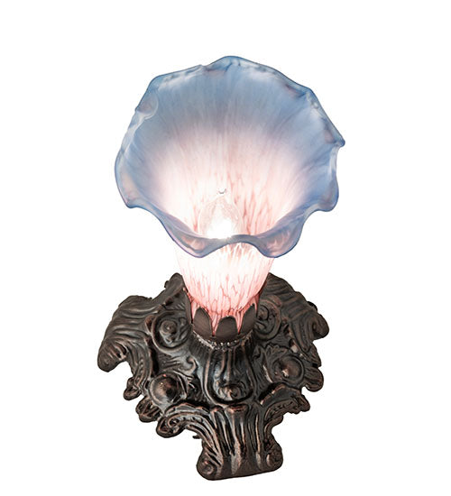 Meyda Lighting Tiffany Pond Lily 7" Mahogany Bronze Victorian Mini Table Lamp With Pink and Blue Shade Glass