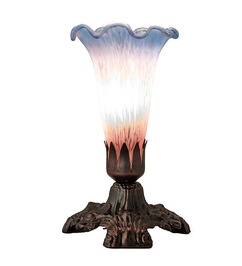 Meyda Lighting Tiffany Pond Lily 7" Mahogany Bronze Victorian Mini Table Lamp With Pink and Blue Shade Glass