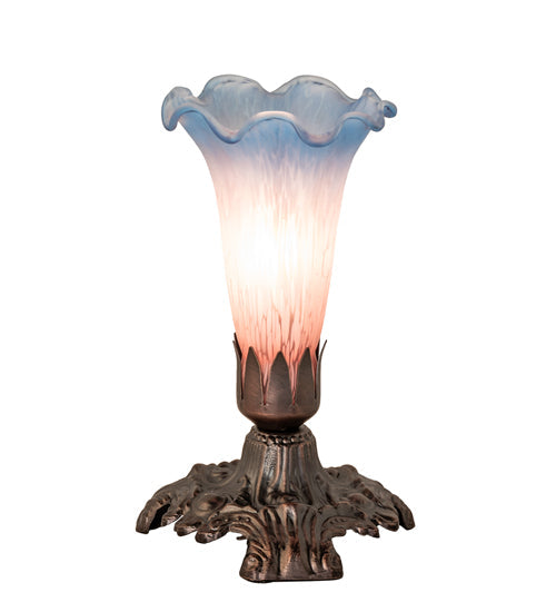 Meyda Lighting Tiffany Pond Lily 7" Mahogany Bronze Victorian Mini Table Lamp With Pink and Blue Shade Glass