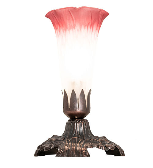 Meyda Lighting Tiffany Pond Lily 7" Mahogany Bronze Victorian Mini Table Lamp With Pink and White Shade Glass