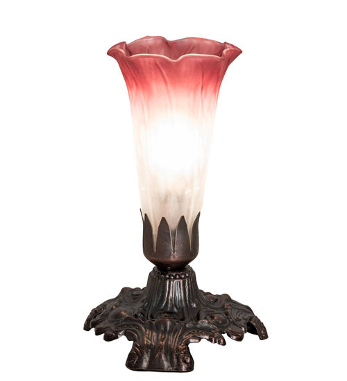 Meyda Lighting Tiffany Pond Lily 7" Mahogany Bronze Victorian Mini Table Lamp With Pink and White Shade Glass