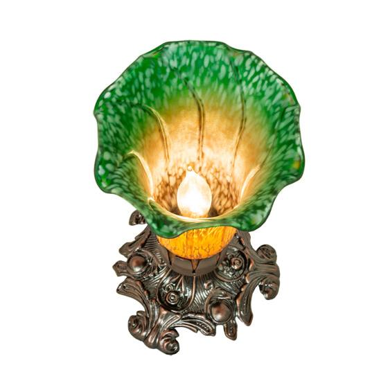 Meyda Lighting Tiffany Pond Lily 8" Mahogany Bronze Victorian Accent Table Lamp With Amber & Green Shade Glass