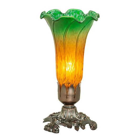 Meyda Lighting Tiffany Pond Lily 8" Mahogany Bronze Victorian Accent Table Lamp With Amber & Green Shade Glass