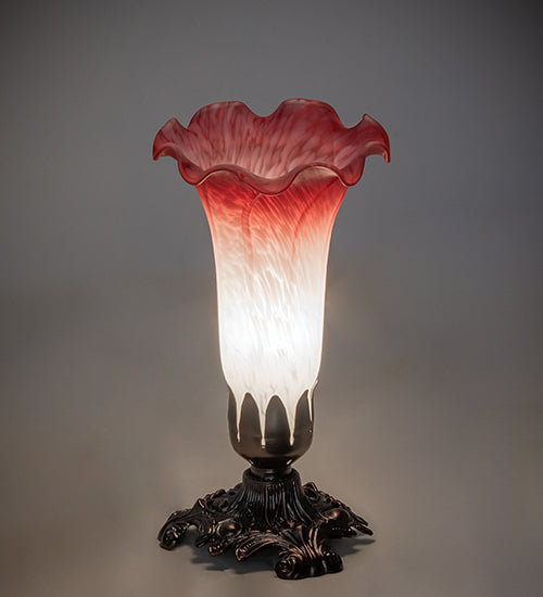 Meyda Lighting Tiffany Pond Lily 8" Mahogany Bronze Victorian Accent Table Lamp With Pink and White Shade Glass