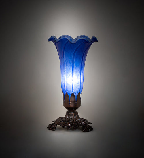 Meyda Lighting Tiffany Pond Lily 8" Mahogany Bronze Victorian Table Lamp With Blue Shade Glass