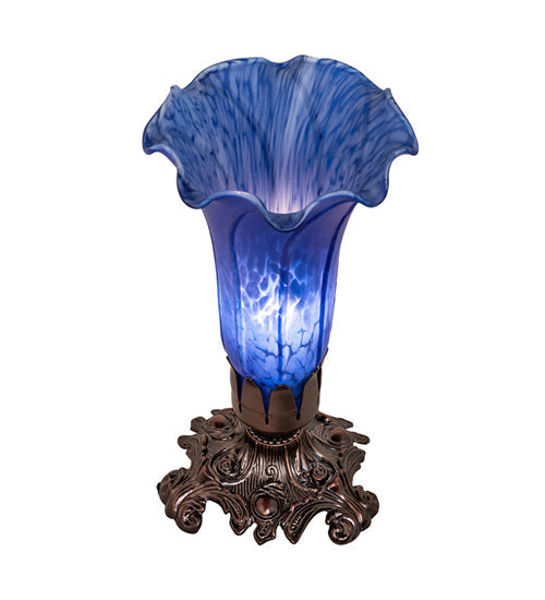 Meyda Lighting Tiffany Pond Lily 8" Mahogany Bronze Victorian Table Lamp With Blue Shade Glass