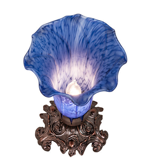 Meyda Lighting Tiffany Pond Lily 8" Mahogany Bronze Victorian Table Lamp With Blue Shade Glass