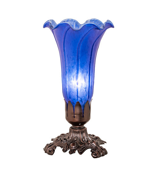 Meyda Lighting Tiffany Pond Lily 8" Mahogany Bronze Victorian Table Lamp With Blue Shade Glass