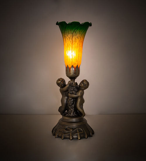 Meyda Lighting Tiffany Pond Lily Amber/Green 13" Antique Brass Twin Cherub Table Lamp With Amber & Green Shade Glass