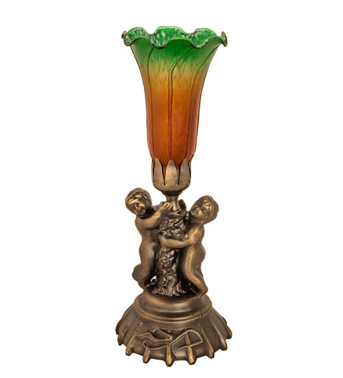 Meyda Lighting Tiffany Pond Lily Amber/Green 13" Antique Brass Twin Cherub Table Lamp With Amber & Green Shade Glass