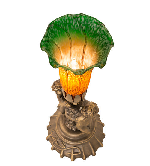 Meyda Lighting Tiffany Pond Lily Amber/Green 13" Antique Brass Twin Cherub Table Lamp With Amber & Green Shade Glass