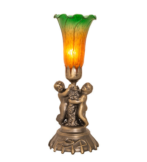 Meyda Lighting Tiffany Pond Lily Amber/Green 13" Antique Brass Twin Cherub Table Lamp With Amber & Green Shade Glass