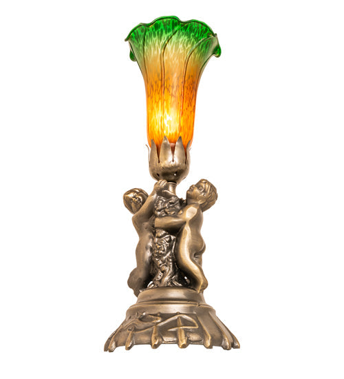 Meyda Lighting Tiffany Pond Lily Amber/Green 13" Antique Brass Twin Cherub Table Lamp With Amber & Green Shade Glass