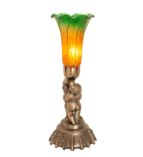 Meyda Lighting Tiffany Pond Lily Amber/Green 13" Antique Brass Twin Cherub Table Lamp With Amber & Green Shade Glass