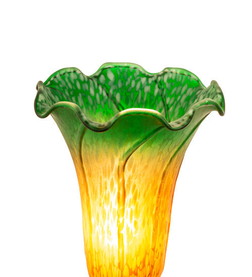 Meyda Lighting Tiffany Pond Lily Amber/Green 13" Antique Brass Twin Cherub Table Lamp With Amber & Green Shade Glass