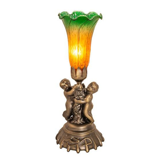 Meyda Lighting Tiffany Pond Lily Amber/Green 13" Antique Brass Twin Cherub Table Lamp With Amber & Green Shade Glass