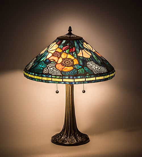 Meyda Lighting Tiffany Poppy 22" 2-Light Mahogany Bronze Table Lamp With Multi-Colored Cone Shade Glass