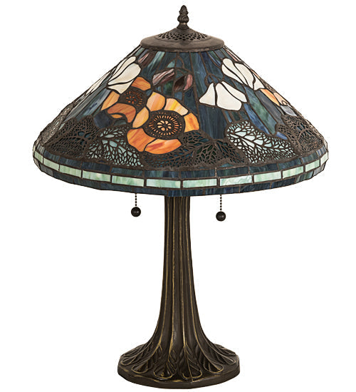 Meyda Lighting Tiffany Poppy 22" 2-Light Mahogany Bronze Table Lamp With Multi-Colored Cone Shade Glass
