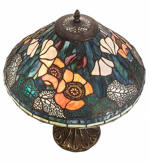 Meyda Lighting Tiffany Poppy 22" 2-Light Mahogany Bronze Table Lamp With Multi-Colored Cone Shade Glass