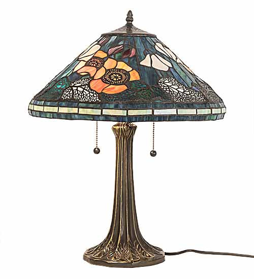 Meyda Lighting Tiffany Poppy 22" 2-Light Mahogany Bronze Table Lamp With Multi-Colored Cone Shade Glass
