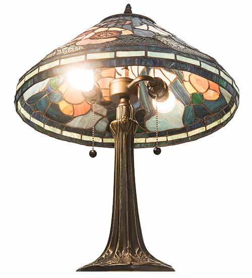 Meyda Lighting Tiffany Poppy 22" 2-Light Mahogany Bronze Table Lamp With Multi-Colored Cone Shade Glass