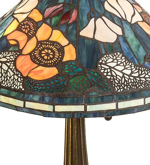 Meyda Lighting Tiffany Poppy 22" 2-Light Mahogany Bronze Table Lamp With Multi-Colored Cone Shade Glass