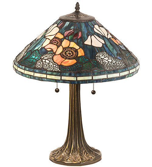 Meyda Lighting Tiffany Poppy 22" 2-Light Mahogany Bronze Table Lamp With Multi-Colored Cone Shade Glass