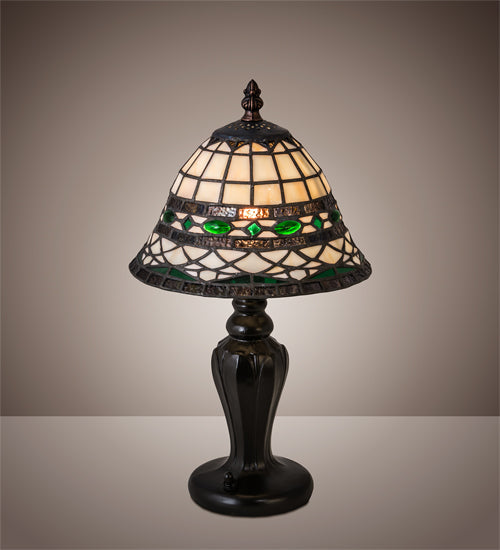 Meyda Lighting Tiffany Roman 15" Mahogany Bronze Mini Table Lamp With Green & Beige Shade Glass