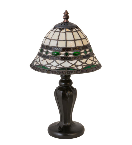 Meyda Lighting Tiffany Roman 15" Mahogany Bronze Mini Table Lamp With Green & Beige Shade Glass