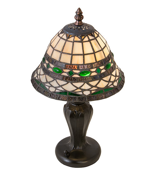 Meyda Lighting Tiffany Roman 15" Mahogany Bronze Mini Table Lamp With Green & Beige Shade Glass