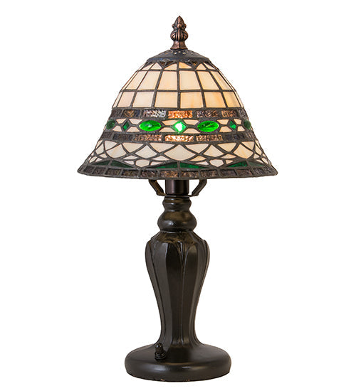 Meyda Lighting Tiffany Roman 15" Mahogany Bronze Mini Table Lamp With Green & Beige Shade Glass
