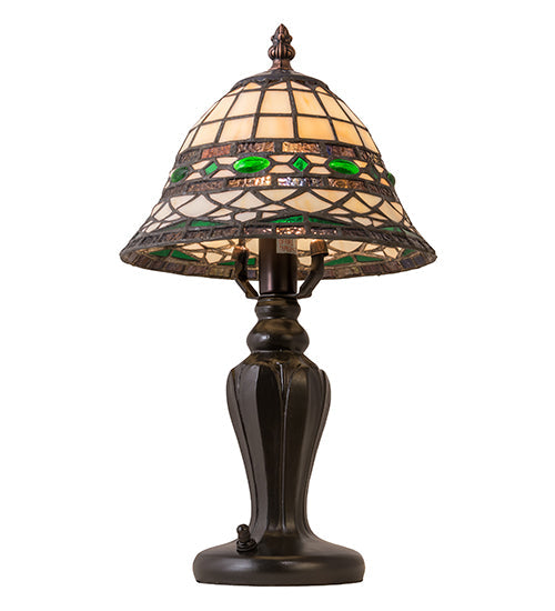 Meyda Lighting Tiffany Roman 15" Mahogany Bronze Mini Table Lamp With Green & Beige Shade Glass