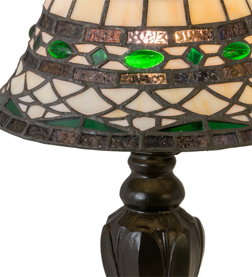 Meyda Lighting Tiffany Roman 15" Mahogany Bronze Mini Table Lamp With Green & Beige Shade Glass