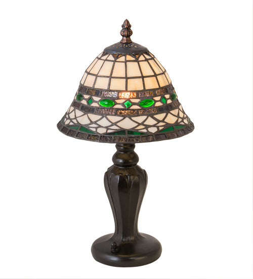 Meyda Lighting Tiffany Roman 15" Mahogany Bronze Mini Table Lamp With Green & Beige Shade Glass