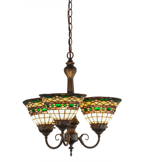 Meyda Lighting Tiffany Roman 20" 3-Light Mahogany Bronze Chandelier With Multi-Colored Shade Glass
